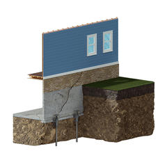 3D illustration of push piers on cracked foundation wall.