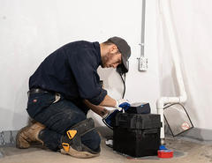 Person kneeling, inspecting a black sump pump in a basement with white walls and visible pipes.