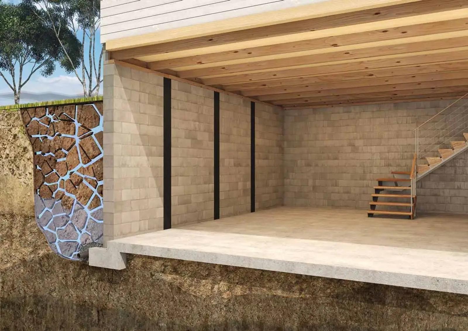 Illustration of a cutaway view of a building foundation with stairs, showing concrete walls and soil layers.
