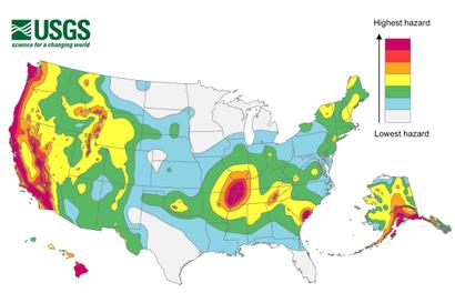 US map showing seismic hazard levels; high in West Coast, low in central regions. Color-coded from green to red.