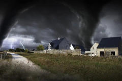 Dark storm clouds and a tornado approaching a row of houses, with visible lightning in the distance.