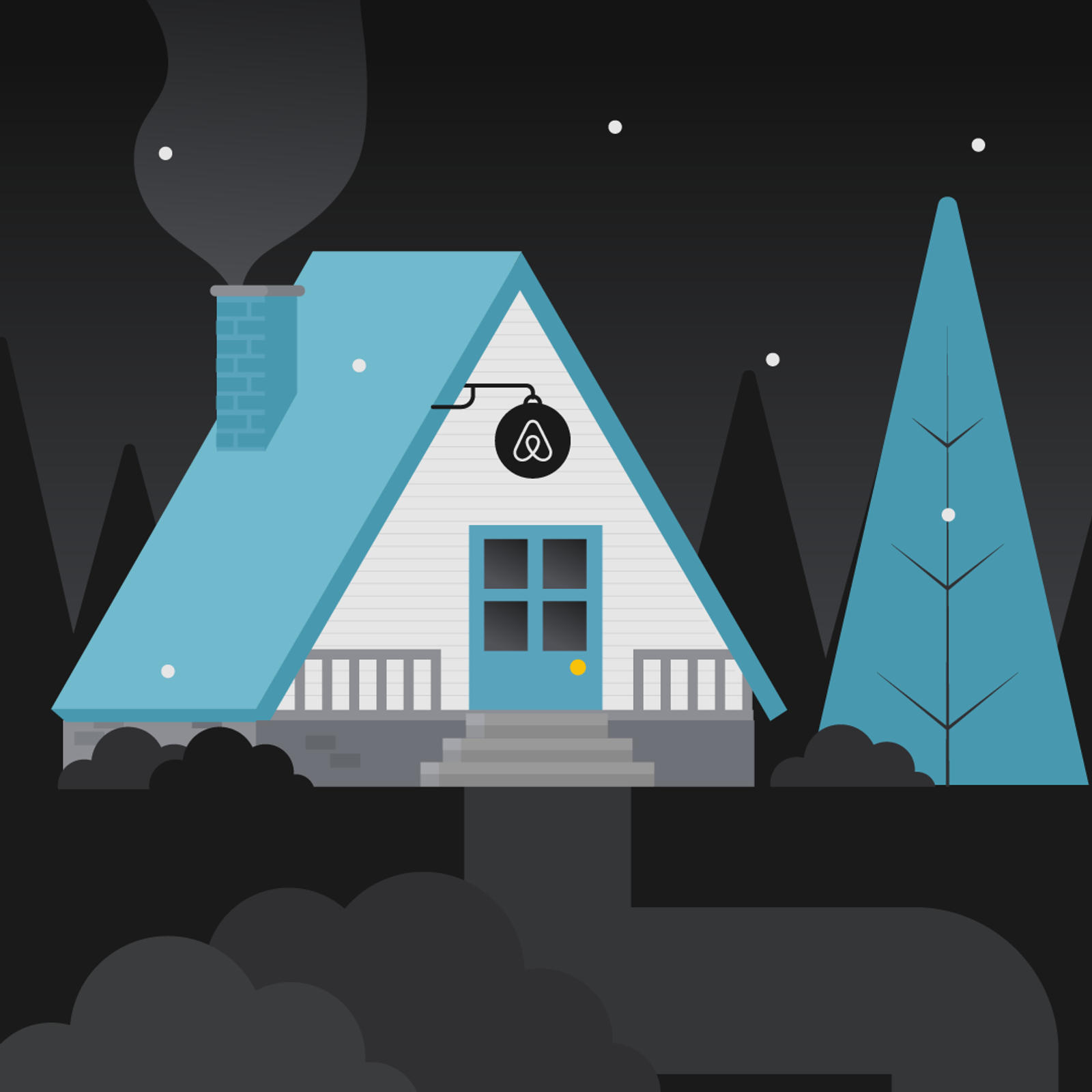 Illustration of a cozy house with a blue roof, a smoking chimney, and snow in a nighttime forest setting.