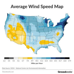 U.S. map showing average wind speed variations by color, ranging from 2.2 to 17.9 miles per hour.