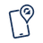 Icon of a smartphone with a location pin and a triangular symbol inside the pin, in dark blue.