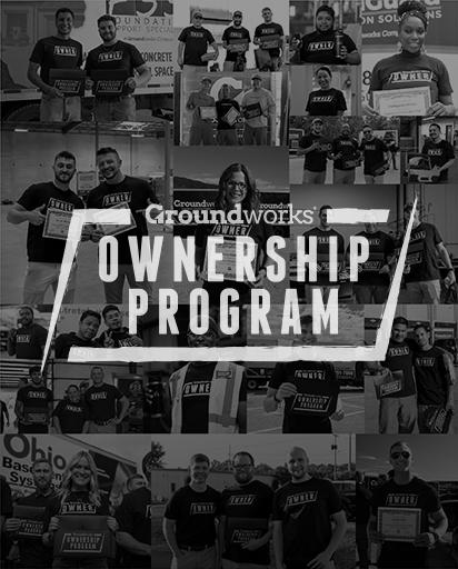 Collage of people holding "Owner" boxes, with "Groundworks Ownership Program" text overlay.