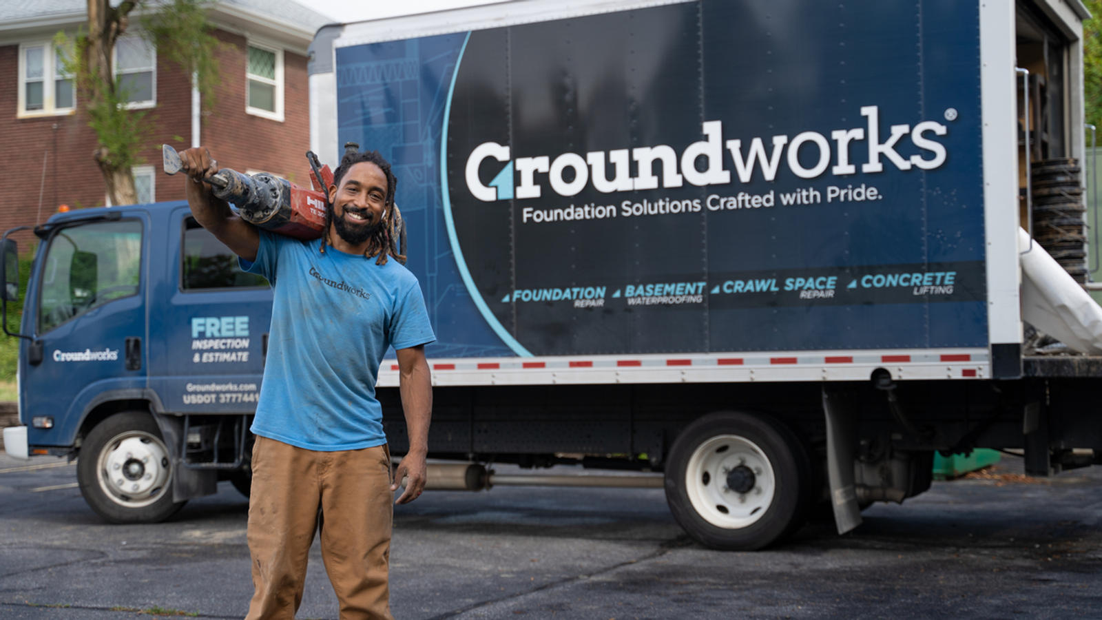 Production crew in front of Groundworks truck