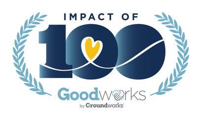 Logo reading "Impact of 100" with a heart and laurel wreaths, by Goodworks from Groundworks.