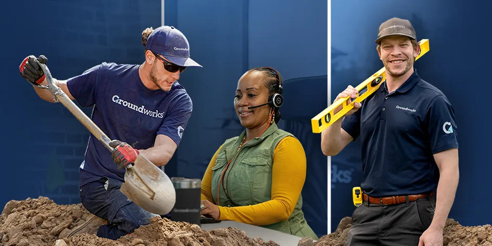 Three professionals: a construction worker, an office worker with a headset, and a technician holding a level tool.