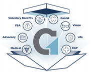 Graphic showing benefits: Voluntary, FSA, Advocacy, Medical, Dental, Vision, Life, EAP. Central "G" logo.
