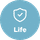 Blue circle with a white shield and checkmark icon above the word "Life.