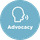Icon with a silhouette of a speaking head and sound waves, labeled "Advocacy" on a blue circular background.