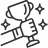 Outlined icon of a hand holding a trophy with stars around it.