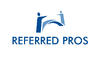 Simple logo with two abstract figures connected by a curve above the text "REFERRED PROS" in blue.