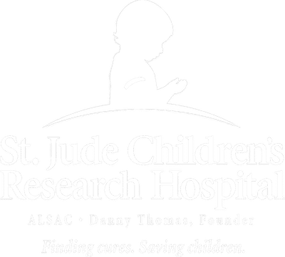 St. Jude Children's Research Hospital logo with silhouette of a child and slogan about cures and saving children.