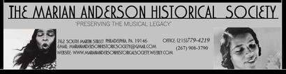 Black and white banner for the Marian Anderson Historical Society with contact details and two photos of Marian Anderson.