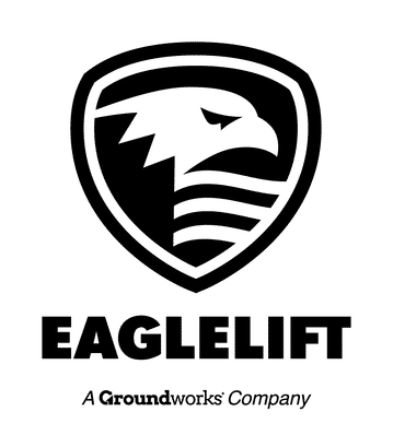 Black and white logo of Eaglelift featuring a stylized eagle head and shield. A Groundworks Company.