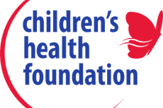 Logo of Children's Health Foundation with a red butterfly and circular accent.