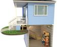 Cutaway view of a blue house with porch, showing why a cool basement is often damp in summer, including workshop and interior stairs.
