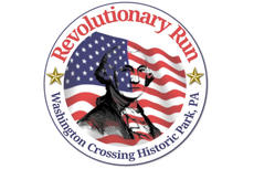 Logo for Revolutionary Run with Washington's portrait over a waving U.S. flag, stars, and event location text.