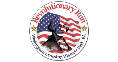 Logo for "Revolutionary Run" with a portrait and American flag at Washington Crossing Historic Park, PA.