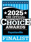 2025 Official Community’s Choice Awards, Fayetteville, Finalist badge with stars and blue stripes.