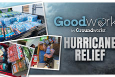 Collage of hurricane relief efforts with supplies being loaded and "Goodworks by Groundworks" logo.