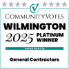 CommunityVotes Wilmington 2025 Platinum Winner for General Contractors, with silver stars at the top.