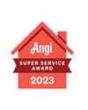 Logo of Angi Super Service Award 2023 featuring a red house shape with a ribbon.