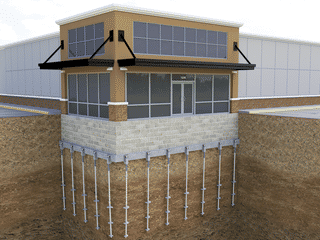 Cross-section illustration of a building's load-bearing foundation with helical piers for enhanced structural support deep in the soil.