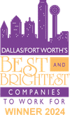 Purple Dallas skyline above "Best and Brightest Companies to Work For, Winner 2024" text in purple and orange.