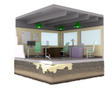Cutaway illustration of an office with desks, chairs, and hanging lights above a foundation reinforced for structural stability.