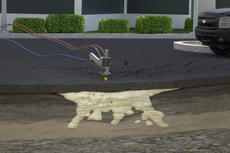 Illustration of polyurethane injection, a commercial void filling solution, fixing a subsiding concrete road with a visible void beneath.