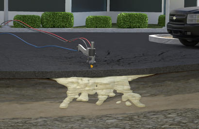 Illustration of polyurethane injection, a commercial void filling solution, fixing a subsiding concrete road with a visible void beneath.