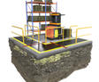 3D illustration of a warehouse scene with shelving, boxes, and a forklift, showcasing foundation support for new builds on a cutout earth section.