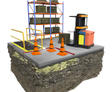 3D rendering of a warehouse safety concept with shelving, safety barriers, cones, a pallet stacker, and caution signs highlighting structural stability.
