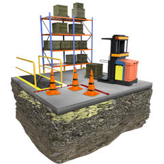 3D rendering of a warehouse safety concept with shelving, safety barriers, cones, a pallet stacker, and caution signs highlighting structural stability.