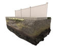 Cross-section of a fence on layered soil, highlighting foundation support for new builds with a concrete base and underground layers.