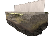 Cross-section of a fence on layered soil, highlighting foundation support for new builds with a concrete base and underground layers.