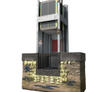 3D model of a building foundation with moss and an elevator shaft, featuring new construction supports in the underground cross-section.