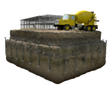 Illustration of a construction site featuring a yellow cement mixer on soil, supported by structural stability for new foundations and a building frame.