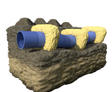 A blue pipe embedded in rough texture with yellow insulating patches ensures structural stability for new foundations.