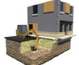 Diagram of a building with a digger excavating earth beneath, revealing soil layers and foundation support for new builds.