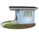 Small blue house with a front porch, potted plant, window, and a curved walkway on grass and dirt.