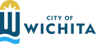 Logo of the City of Wichita, featuring a stylized sunrise, three vertical lines, and a blue wave at the bottom.