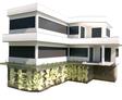 Modern white house with large windows, featuring a cross-section of foundation stabilization and underlying soil layers.