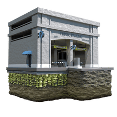 3D model of a public parking garage features entrance and exit signs, showcasing underground layers with LiqueLock™ Polyurethane Injection.