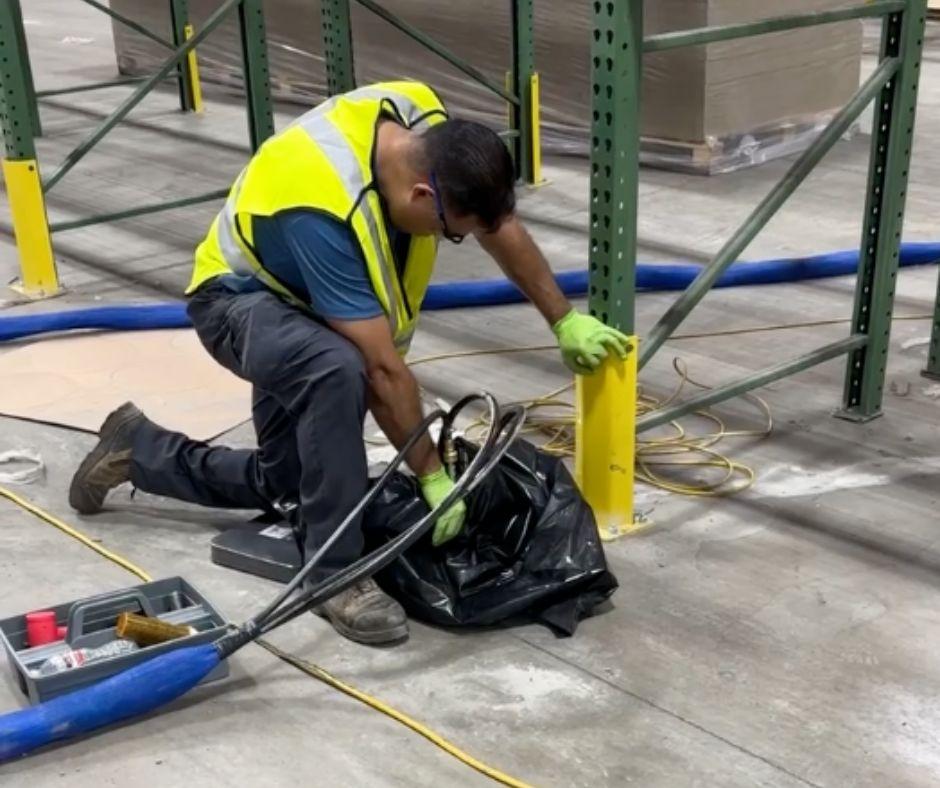 Groundworks employee performing commercial concrete leveling / floor leveling