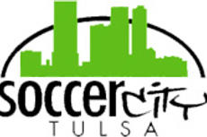 Logo with a green city skyline and the text "Soccer City Tulsa.