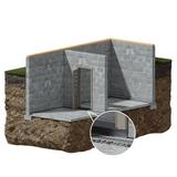 Cutaway view of a concrete basement with a steel door and a close-up of the door’s grated drain pipe threshold.