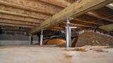 Metal support jacks provide foundation support, reinforcing wooden beams in a crawl space with exposed earth and insulation.